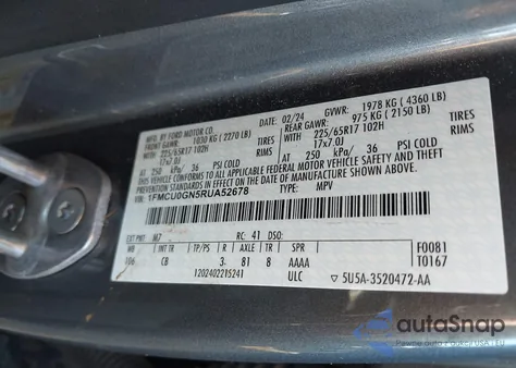 2024 Ford Escape Active from USA, damaged, VIN 1FMCU0GN5RUA52678